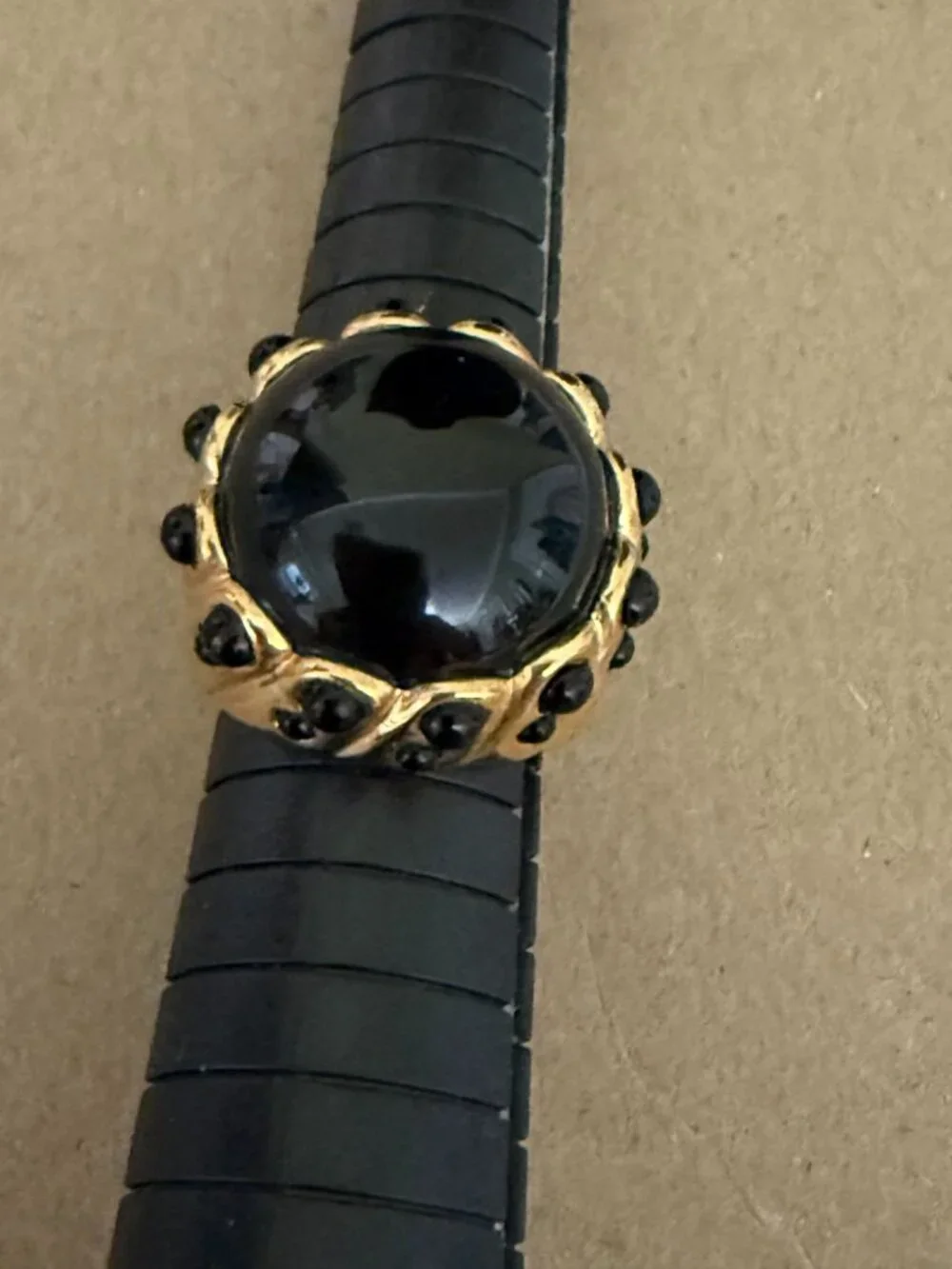 J Crew Adjustable Gold-Tone Ring Large Black Cabochon Statement Cocktail Sz 6-7